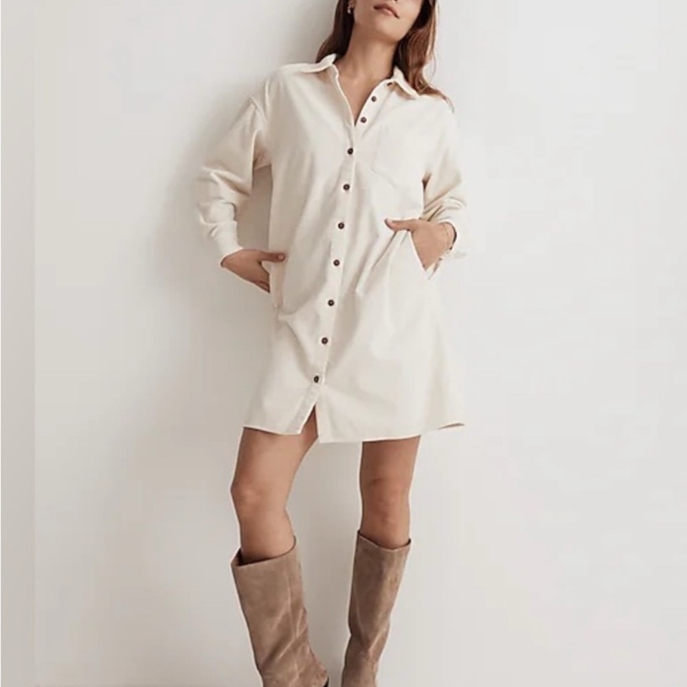 Madewell White Buttoned 3/4 Sleeve Shirt Dress